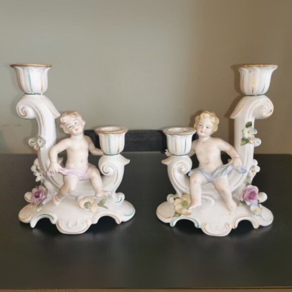 VTG 2 ISCO Germany Bisque Porcelain Cherub Candle Sticks Holder Applied Flowers - Picture 1 of 12
